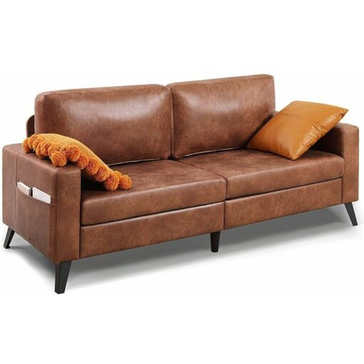 YODOLLA 2m Sofa Couch, Nubuck Faux Leather Couch for Living Room, Mid Century Modern Decor Furniture, Saddle Brown