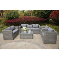 Yakoe Vancouver 7 Seater Rattan Garden Sofa Set In Grey With Fitting Cover