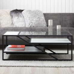 120cm Coffee Table for Living Room Furniture, 3 Tier Metal Centre Table in Black Finish - Matte Black/ Grey