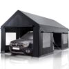 12x20 Ft Heavy Duty Carport Canopy With Reinforced Base & Side Access Door, Portable Garage For Trucks, Boats, Cars, And Pickups, White&black