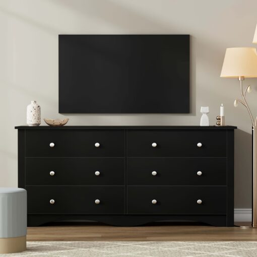 1pc 6 Drawer Tv Cabinet, Modern Wooden Chest Of Drawers, Black