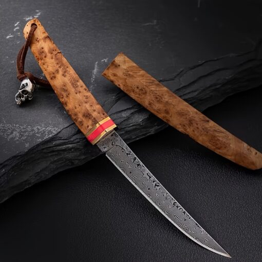 1pc Beautiful Creative Knife Outdoor Kitchen Knife Damascus Steel Knife Meat Knife Outdoor Knife Stone Wood Handle Outdoor Expansion Hiking Fishing