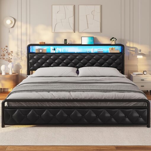 1pc Queen Size Bed Frame With Storage Headboard, Faux Leather Upholstered Queen Platform Bed With Charging Stations≤d Light, No Box Spring Needed,