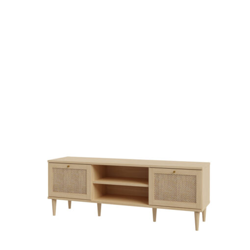 2 Door TV Stand with shelf, Elegancia Oak/Polyrattan, 160 cm W x 57 cm H x 41 cm D