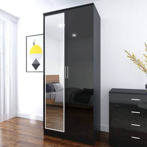 2 Doors Wardrobe with Mirror and Metal Handles High Gloss Soft Close Modern Bedroom Furniture 1800x470x760mm, Black - Elegant