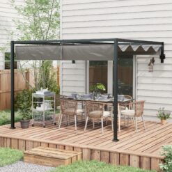 2 X 3 (m) Lean To Pergola With Retractable Roof, Wall Mounted Garden Gazebo Outdoor Sun Shade Shelter For Patio, Deck