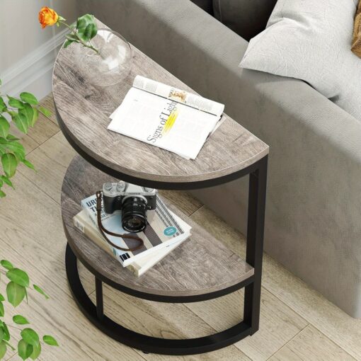 2-tier End Table Semi , Small Half Round Side Table With Storage Shelf, Wood Accent Table Slim C Table For Sofa Couch, Living Room, Bedroom, Small