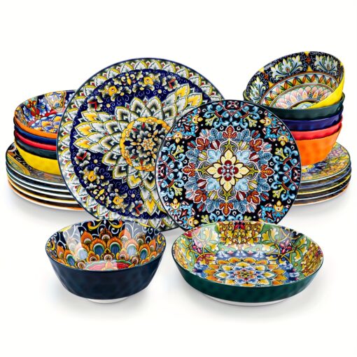 24 Piece Dinnerware Set Stoneware Cereal Bowls Tableware Bohemian Style