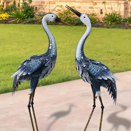 2pcs Metal Crane Statues, Rustic Blue Heron Yard Art, Outdoor Bird Sculptures For Lawn, Backyard, Garden, Porch, Patio