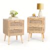 2pcs Rattan Nightstand Set, Wooden End Table With 2 Drawers, Solid Wood Legs, Bedroom Side Table With Handmade Rattan Accents, Smooth Slide, Easy