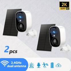 [2pcs] Solar Cctv Wireless Ip Pet Camera Indoor And Outdoor Wifi Hd 2k 3mp Resolution Supports Battery Power Supply, Ip66 Waterproof And Artificial