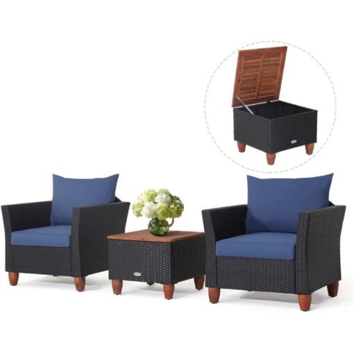 3 Pieces Patio Furniture Set Garden PE Rattan Chairs Conversation Set w/ Storage Table