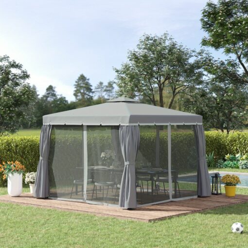 3 X 3 (m) Patio Gazebo Canopy Garden Pavilion Tent Shelter Marquee With 2 Tier Water Repellent Roof, Mosquito Netting And Curtains, Aluminium Frame,