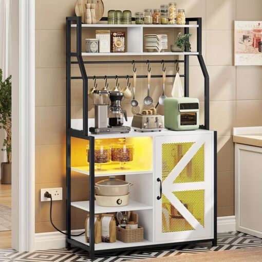 31.5 Inch Bakers Rack With Led Light, Storage Cabinet And 8 Hooks