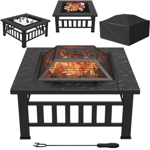 32" Patio Square Fire Pit Table For Patio , Ice Storage With Mesh Lid, And Cover