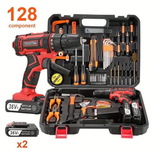 36v Cordless Electric Drill-128 Pieces Of Tool Set, Portable Tool Box And Cordless Electric Drill Are Suitable For Repairing Wall Metal Wood And Car