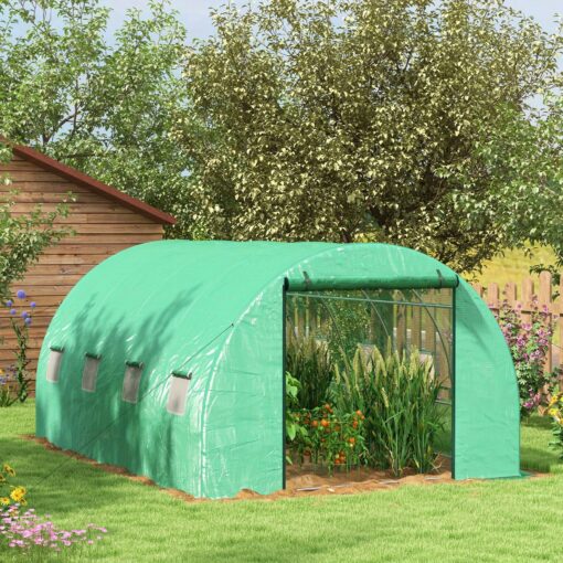 4 X 3 ( M) Polytunnel Greenhouse With Sprinkler Irrigation System, Walk-in For Garden With Wide Roll-up Door, 8 Mesh Windows, Galvanised , Green