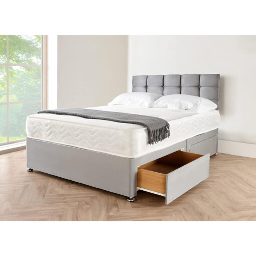 4FT6 Grey Linen Look Divan Double Bed with 10" Memory Foam Mattress Headboard 2 Free Storage Drawers Alzina