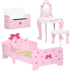 4PCs Kids Bedroom Furniture Set w/ Bed, Toy Box, Dressing Table, Pink - Zonekiz