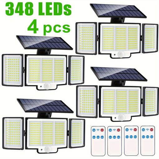 4pcs/6pcs Outdoor Solar Lights, 348 Led 3 Lighting Modes Motion Sensor Outdoor Led Street Lights With Remote Control, Dusk-to-dawn, Outdoor