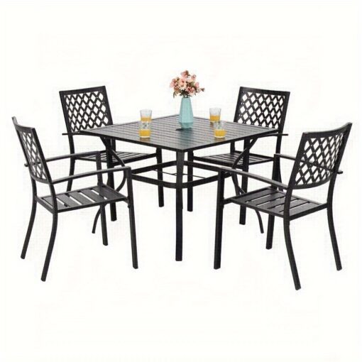 5-piece Metal Patio Outdoor Table And Chairs Outdoor Dining Set - 37" Square Patio Table W/1.57" Umbrella Hole And 4 Backyard Garden Chairs