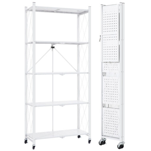 5-tier Storage Shelving W/hooks And Wheels, 27.95"x14.96"x63.78", Standing Foldable Storage Rack, Metal, Kitchen, Garage, No (white)