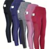 5pcs Yoga Pants With Pocket, Solid Color Stretch Fitness Sports Leggings, Women's Activewear