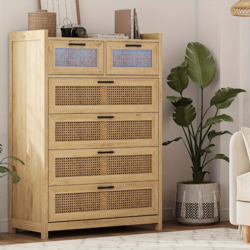 6 Drawer Dresser For Bedroom, Natural Rattan Dressers With Led Light, Tall Dressers, Morden Chests Of Drawers, Dresser For Bedroom Entryway