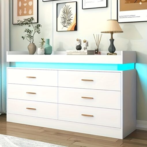 6 Drawer Dresser With Led Light, Modern Chest Of Drawers For Closet, Wide Drawer Organizer Cabinet For Bedroom, Living Room, Entryway, Hallway