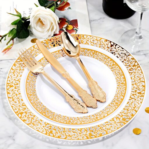 600pcs Golden Plastic Dinnerware, Golden Plastic Plates Lace Party Plates, Golden Plastic Silverware, Golden Plastic Utensils Suit For Wedding