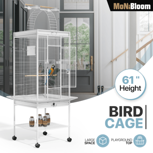 61 Inch Height Large Bird Cage With Rolling Stand, Wrought Steel Flight Birdcage W/play Top For Parakeets Cockatiels Lovebird Budgie