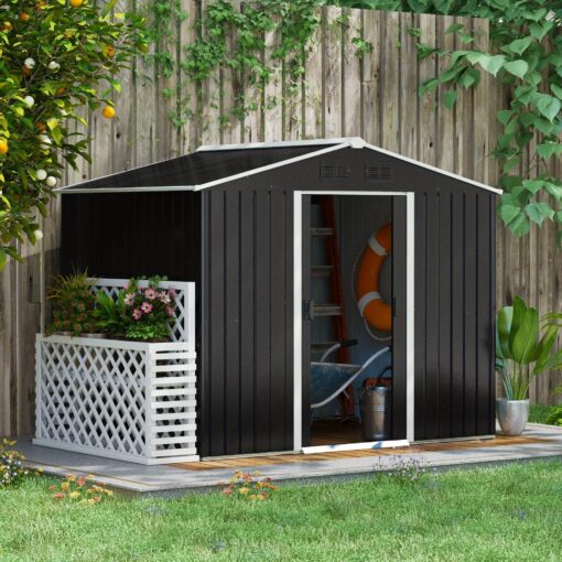 7. 7 X 5. 7ft Metal Garden Shed, Galvanised Outdoor Tool Storage House With Ventilation Slots And Sliding Doors, Grey