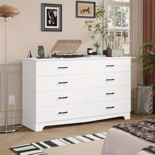 8 Drawers Dresser With Charging Station, Modern Dresser Chest Of Drawers For Bedroom, Wide Storage Cabinet For Living Room, White