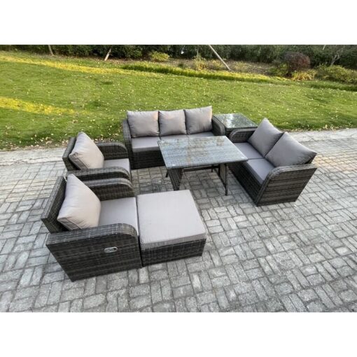 8 Seater High Back pe Rattan Sofa Set Outdoor Garden Furniture Dining Table Set With Reclining Chair 3 Seater Sofa Love Sofa Big Footstool Side Table