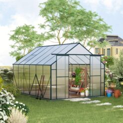 8 X 12ft Aluminium Greenhouse Polycarbonate Walk-in Garden Greenhouse Kit With Adjustable Roof Vent, Double Sliding Door, Rain Gutter And Foundation,