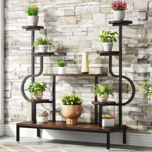 8-tier Metal Plant Stand, Large Tall Plant Shelf For Multiple Plants, Round & Square Boards, Wood Indoor Ladder Holder Flower Rack For Living Room,