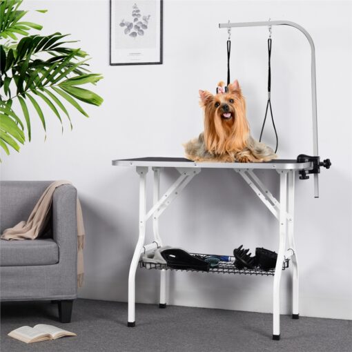 91cm Dog Grooming Table With Basket Style Tool Shelf And Adjustable Arm Groomers Table With E1 Board Rounded Aluminum Edges 2 Grooming Loops