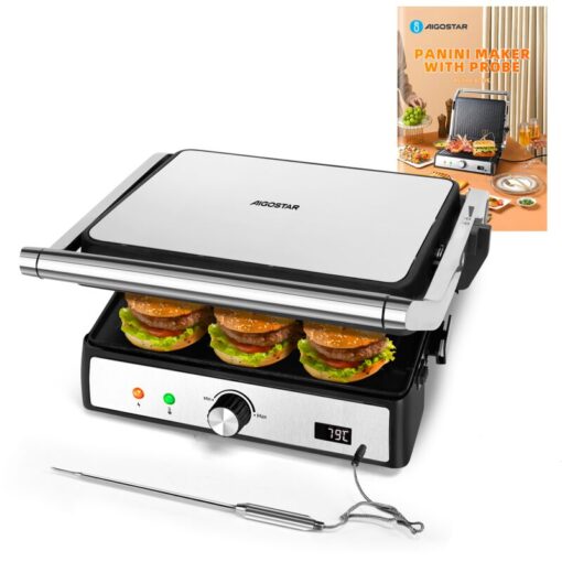 Aigostar - Sandwich Toaster 2000W Toastie Maker with Meat Thermometer, Recipes, Deep Fill Panini Press with Removable Non-Stick Plate, 180° Flat Open