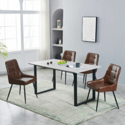 Ainpecca - White Dining Table and Brown Chairs Set Pu Leather Seat Kitchen Room Furniture(4 Chairs + Table)