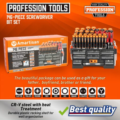 Amartisan 146-piece Magnetic Screwdriver Tool Set With Plastic Rack - Insulated And Precision Screwdrivers, Magnetizer, Hex Wrenches, Torx Wrenches,