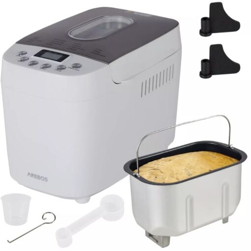 Arebos - bread maker 1500g with 15 programs 2 dough hooks timer lcd display 3 browning degrees and bread sizes 850 w White