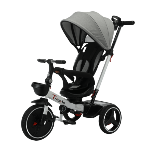 Baby Tricycle: 6-in-1 Push Bike Steer Stroller With Adjustable Canopy, Detachable Guardrail, Safety Harness, Folding Pedal, And Storage Basket