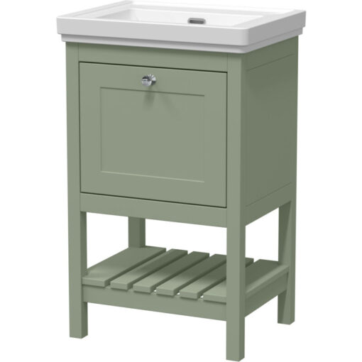 Balterley - Traditional Furniture Floor Standing 1 Drawer Vanity & 0 Tap Hole Fireclay Basin, 500mm, Fern Green