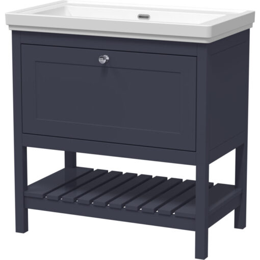 Balterley - Traditional Furniture Floor Standing 1 Drawer Vanity & 0 Tap Hole Fireclay Basin, 800mm, Indigo Blue