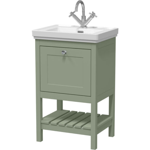 Balterley - Traditional Furniture Floor Standing 1 Drawer Vanity & 1 Tap Hole Fireclay Basin, 500mm, Fern Green