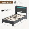 Bed Frame Twin Size With Led Lights And Charging Station, Upholstered Bed With Motion Activated Night Light And Wood Slats, Dark Grey