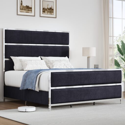 Bed Frame With 59" Tall Headboard & Footboard, Velvet Upholstered Platform Bed With Silver Mirrored Plating/no Box Spring Needed