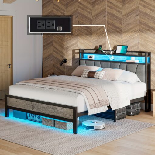 Bed Frame With Rgbw Led Lights & Charging Station, Linen Upholstered Headboard With 2-tier Storage, Metal Platform, Spring Needed/noise-free