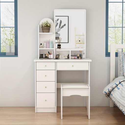 Bedroom Vanity Desk Set With Large Mirror, Featuring A 5-drawer Makeup Dressing Table, Cushioned Stool, And Desktop Storage Rack For Ample