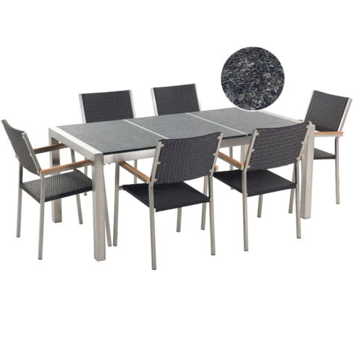 Beliani - 6 Seater Garden Dining Set Triple Black Flamed Granite Top Rattan Chair Grosseto